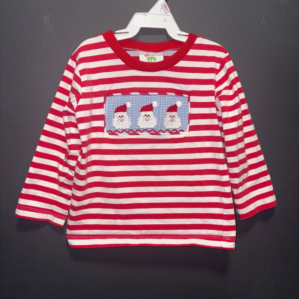 Shrimp & Grits Kids Smocked Santa Long Sleeve Striped Shirt 2T Red White